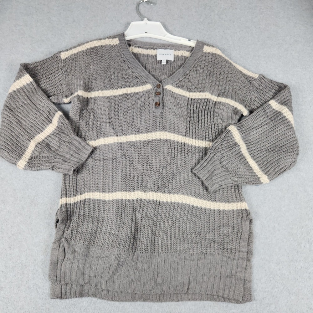 Pink Rose Sweater Women Small Gray Striped Shaker Knit Henley Side Slit Pullover